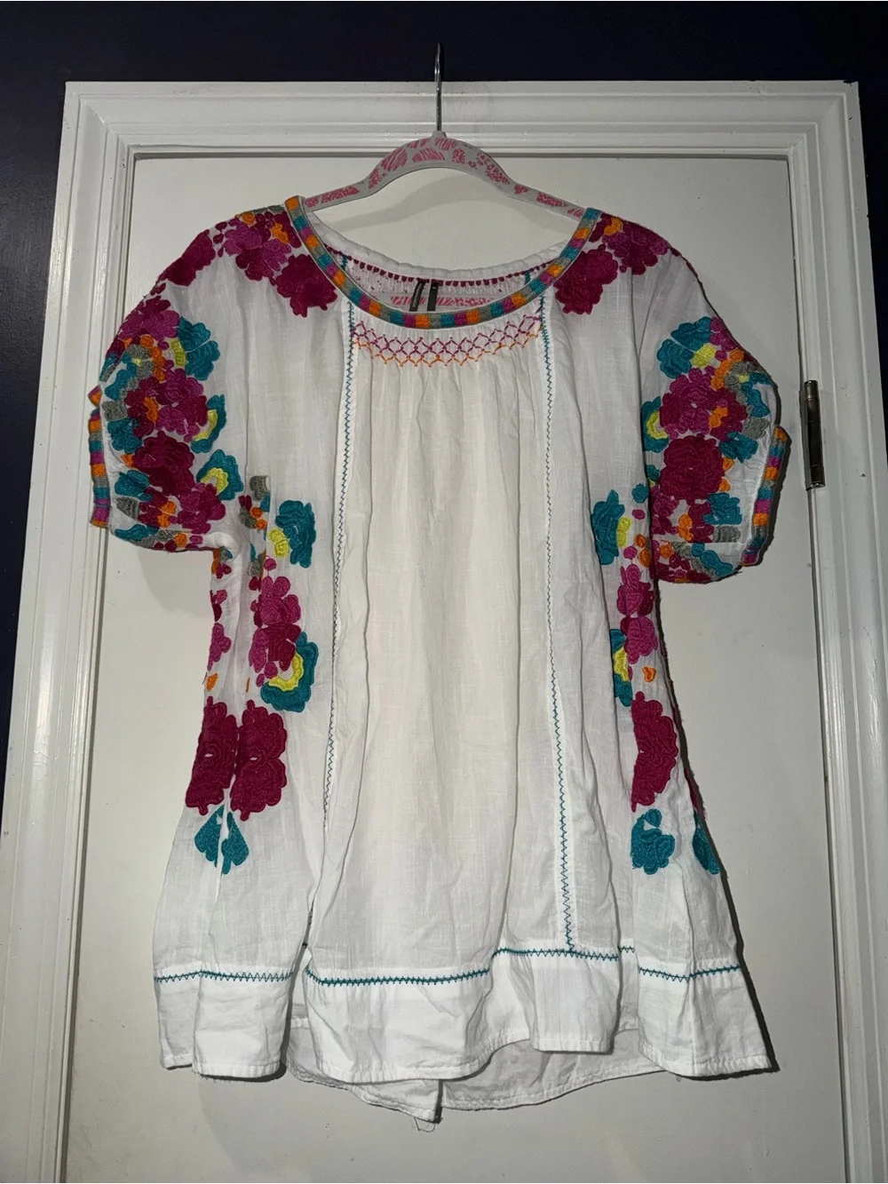 Anthropologie White Peasant Blouse with Fuchsia, Teal & Yellow Embroidery